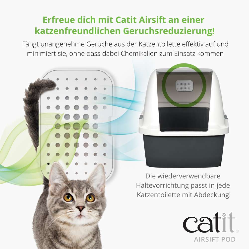 Fängt unangenehme Gerüche aus der Katzentoilette effektiv auf und minimiert sie, ohne dass dabei Chemikalien zum Einsatz kommen. Die wiederverwendbare Haltevorrichtung passt in jede Katzentoilette mit Abdeckung!