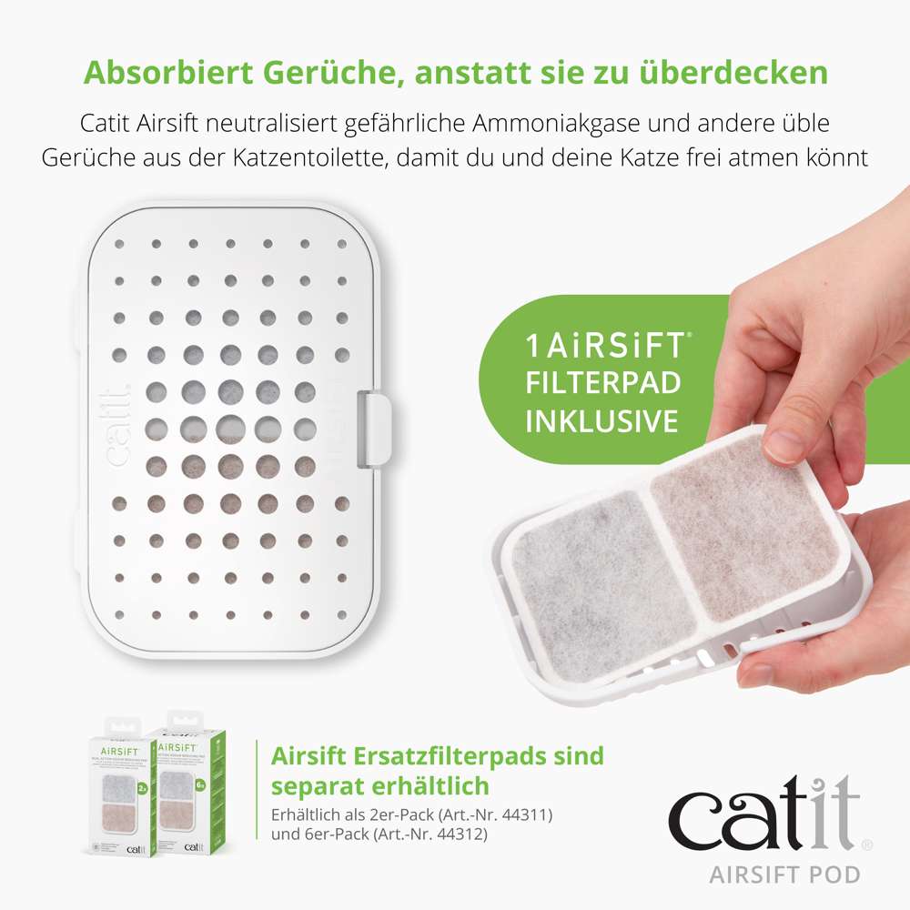 Absorbiert Gerüche, anstatt sie zu überdecken. Neutralisiert gefährliche Ammoniakgase und andere üble Gerüche. Ersatz-Filterpads sind separat erhältlich (44311, 44312).