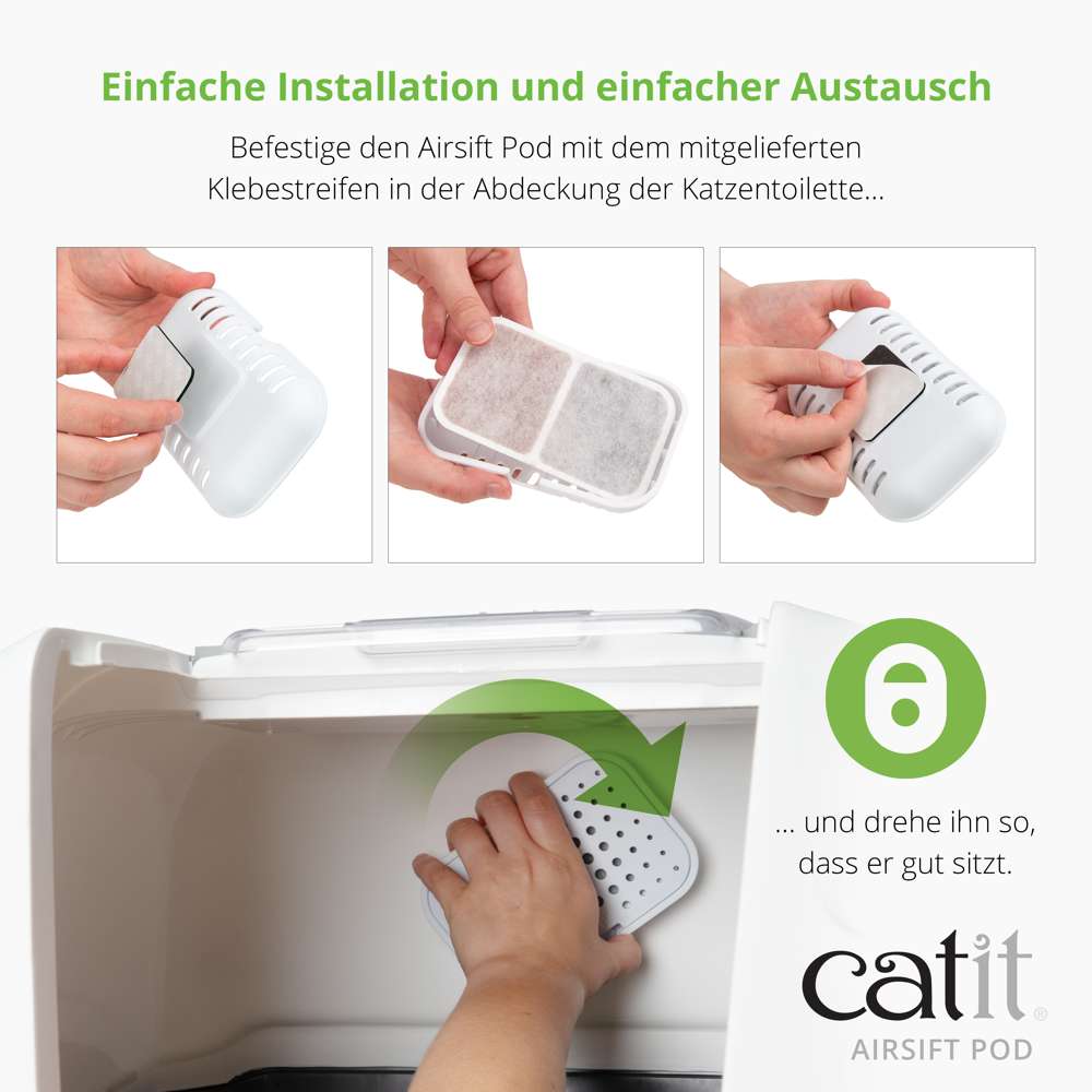 Befestige den Airsift Pod mit dem mitgelieferten Klebestreifen in der Abdeckung der Katzentoilette und drehe ihn so, dass er gut sitzt.