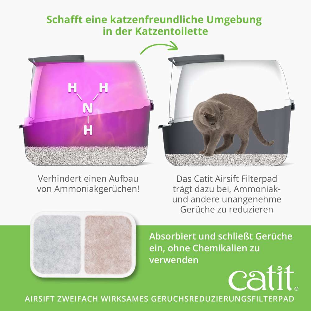 Verhindert einen Aufbau von Ammoniakgerüchen. Absorbiert und schließt Gerüche ein, ohne Chemikalien zu verwenden.
