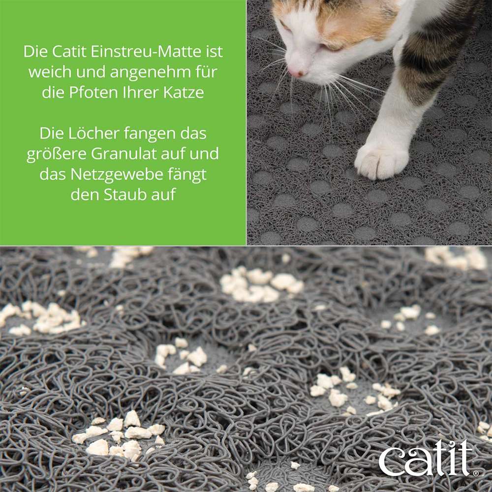 Die Einstreu-Matte ist weich und angenehm für die Pfoten Ihrer Katze. Die Löcher fangen das größere Granulat auf und das Netzgewebe fängt den Staub auf.