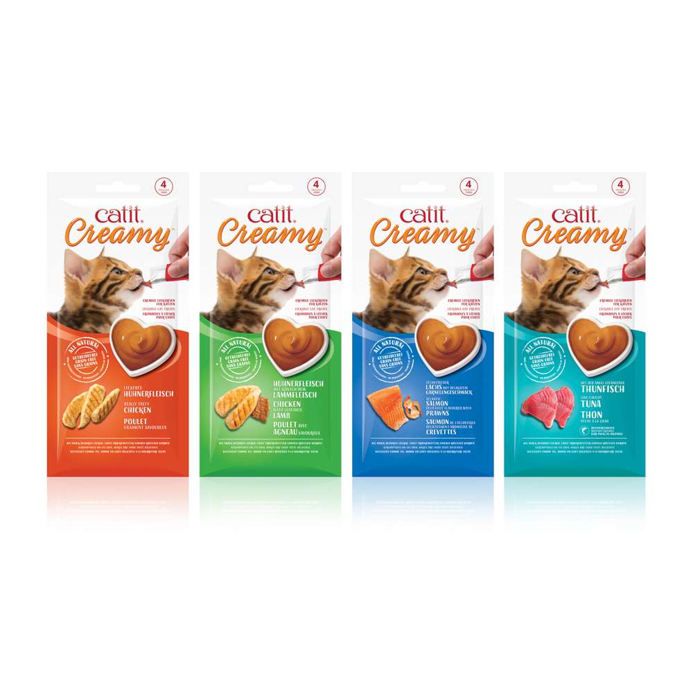 Die Verpackungen der vier Geschmackssorten "Catit Creamy, 4er-Pack" stehen nebeneinander.