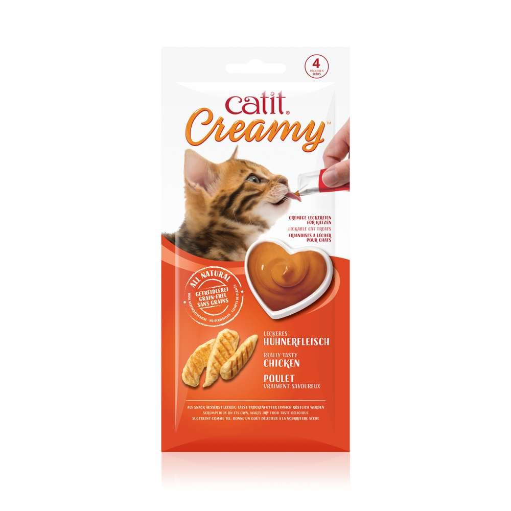 Verpackung von "Catit Creamy, 4er-Pack" mit Geschmacksrichtung "Hühnerfleisch"