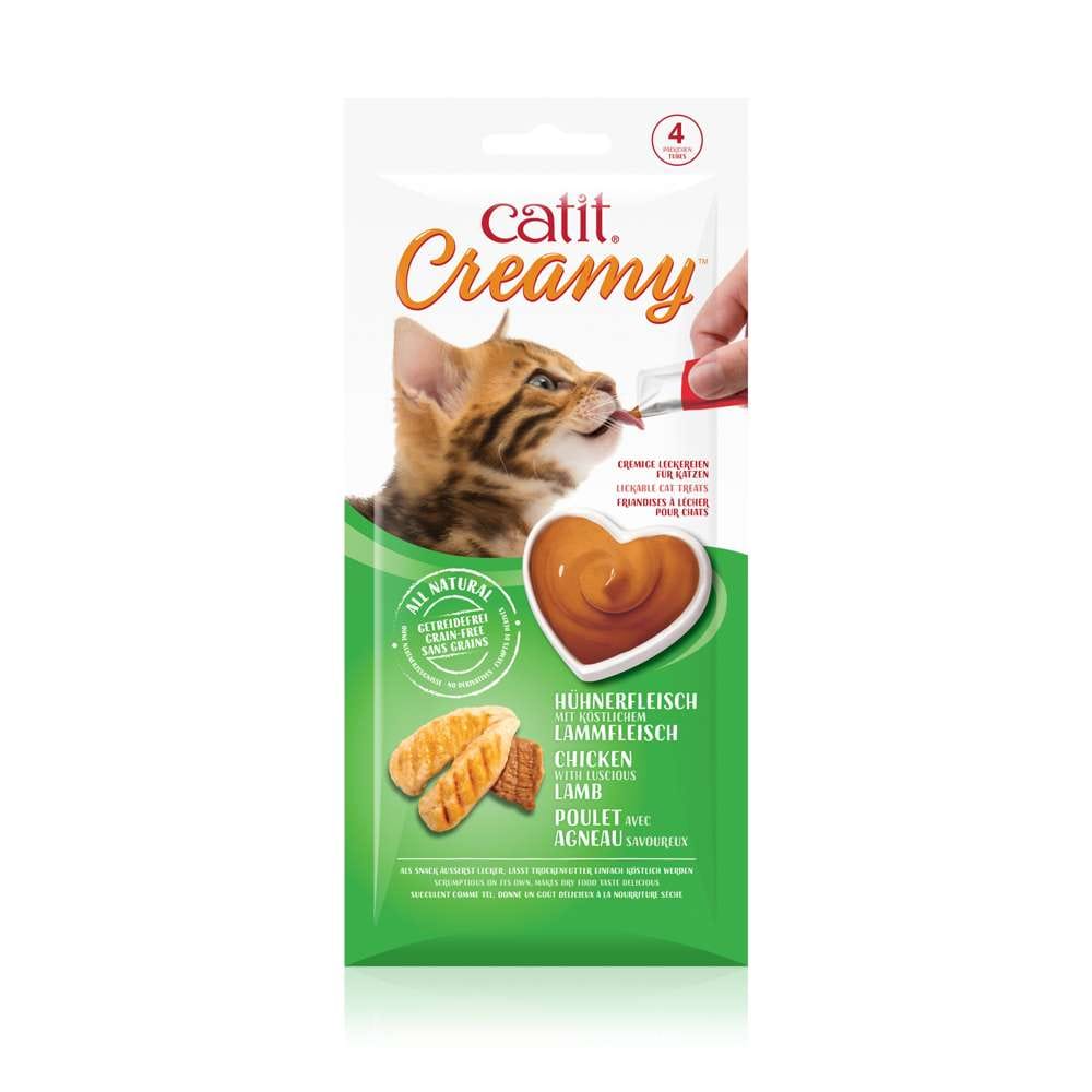 Verpackung von "Catit Creamy, 4er-Pack" mit Geschmacksrichtung "Hühnerfleisch mit Lammfleisch"
