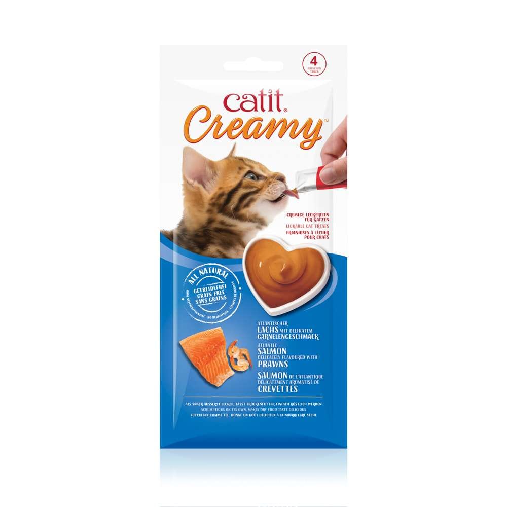 Verpackung von "Catit Creamy, 4er-Pack" mit Geschmacksrichtung "Lachs mit Garnelengeschmack"