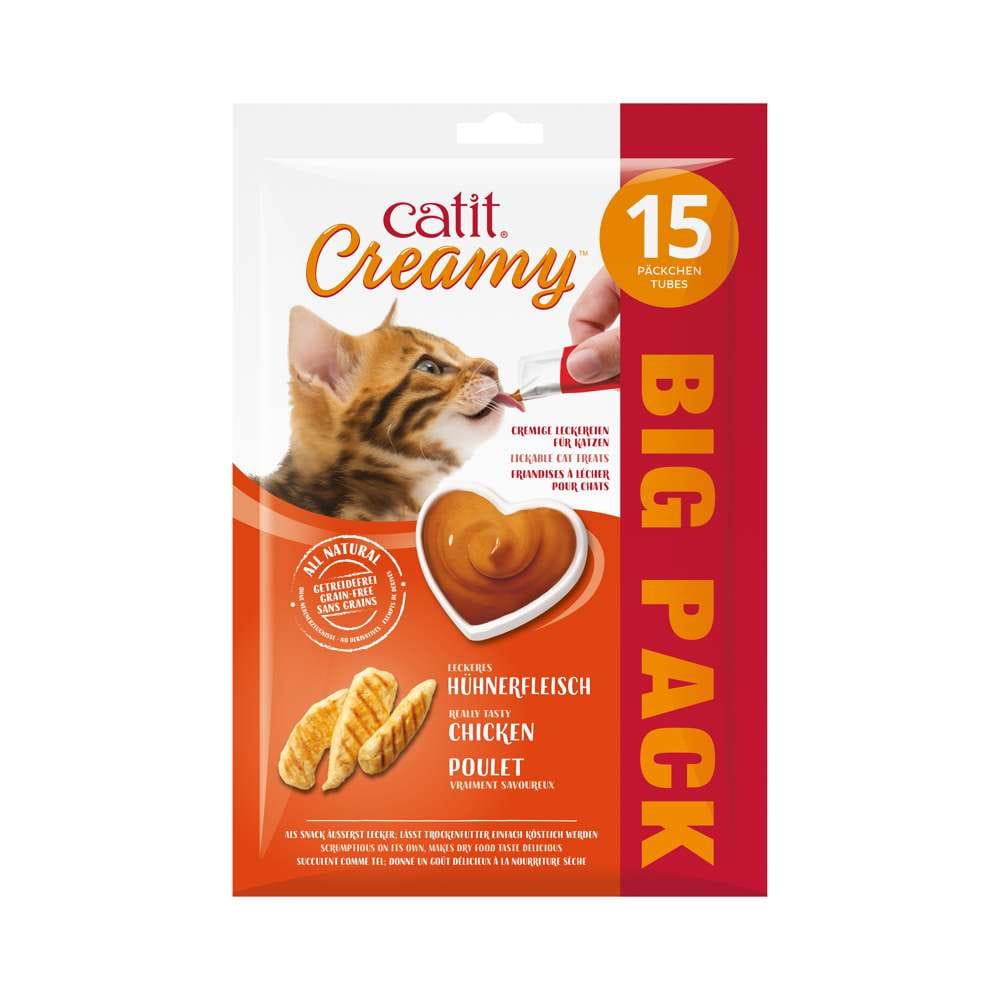 Verpackung der "Catit Creamy – Großpackung, 15er-Pack", Geschmacksrichtung: Hühnerfleisch.