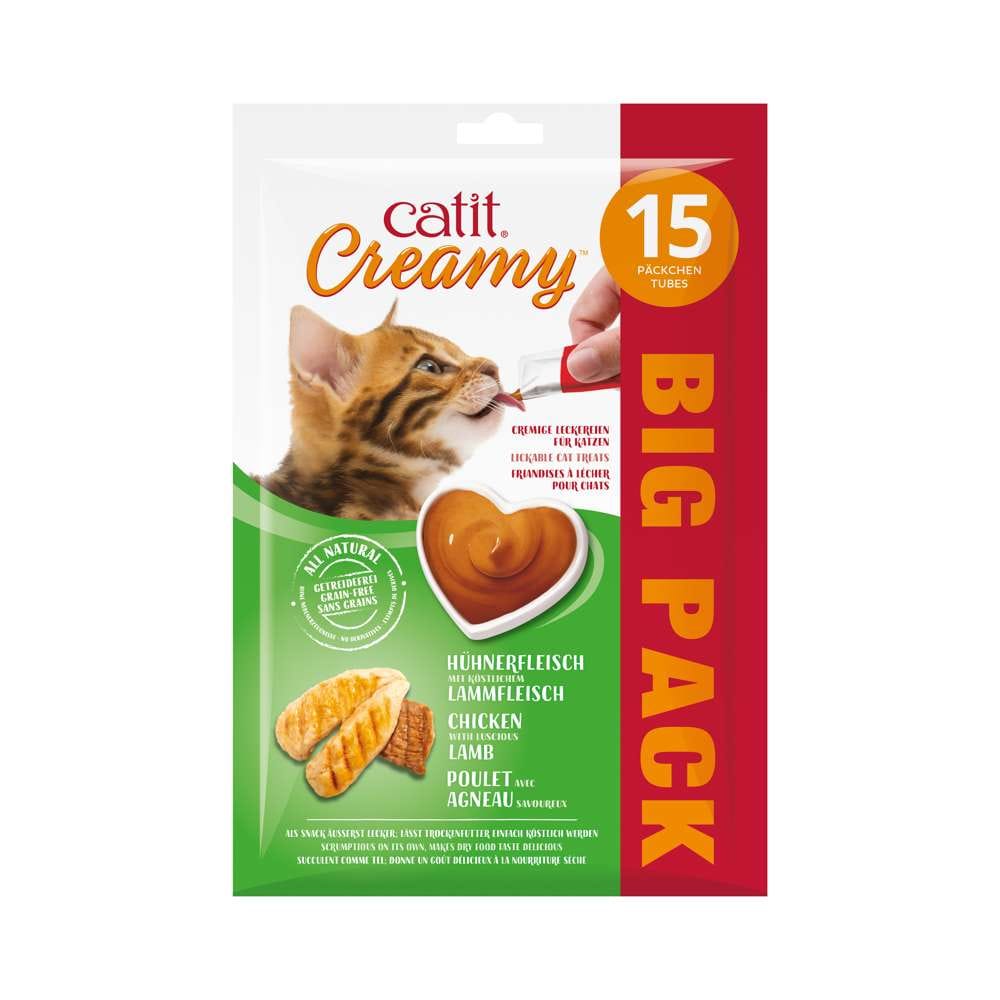 Verpackung der "Catit Creamy – Großpackung, 15er-Pack", Geschmacksrichtung: Hühnerfleisch mit Lammfleisch.