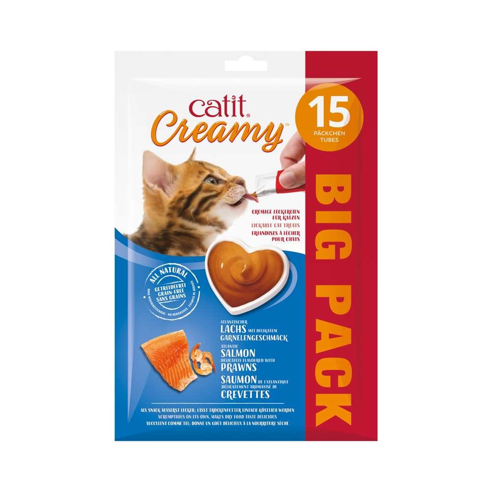 Verpackung der "Catit Creamy – Großpackung, 15er-Pack", Geschmacksrichtung: Lachs mit Garnelengeschmack.