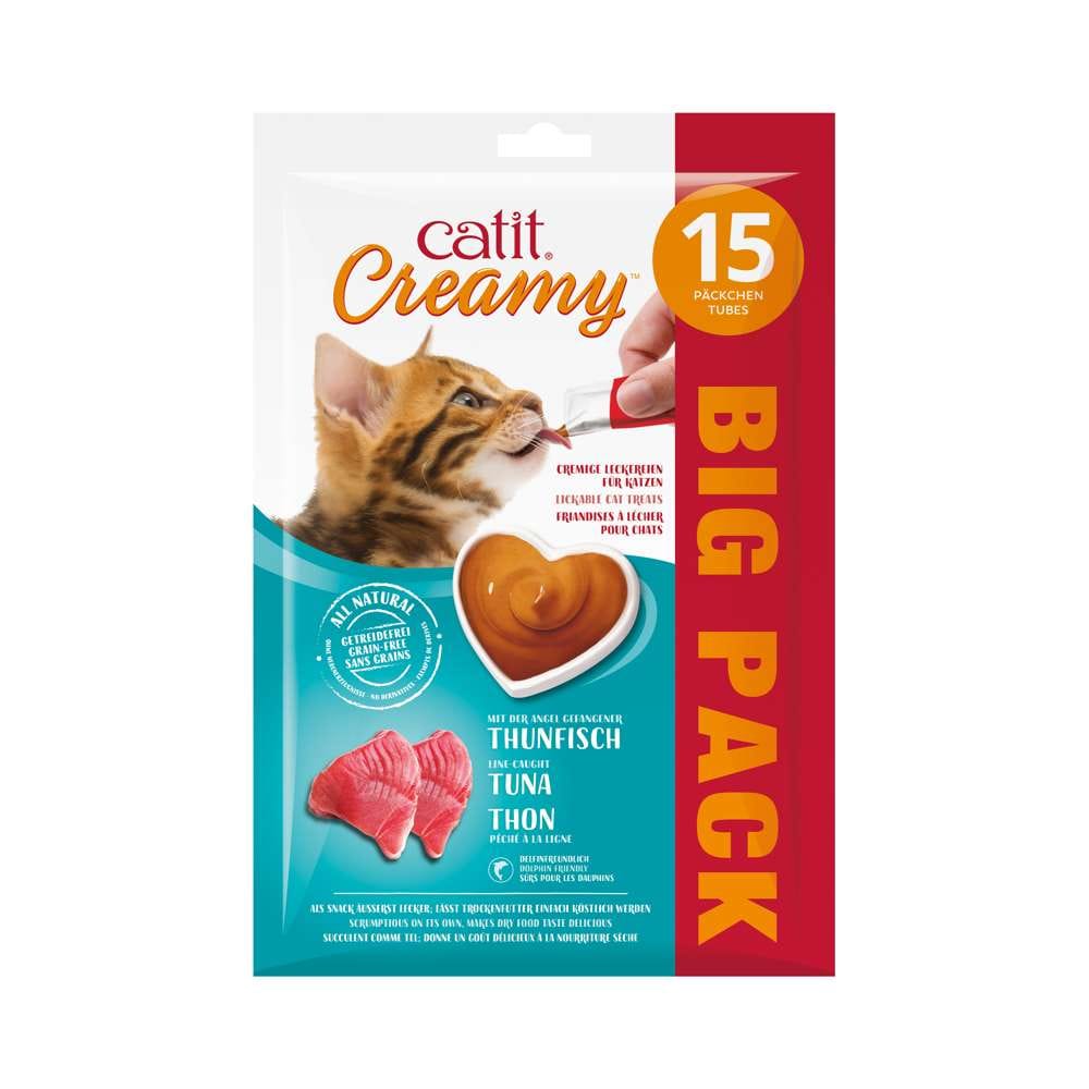 Verpackung der "Catit Creamy – Großpackung, 15er-Pack", Geschmacksrichtung: Thunfisch.