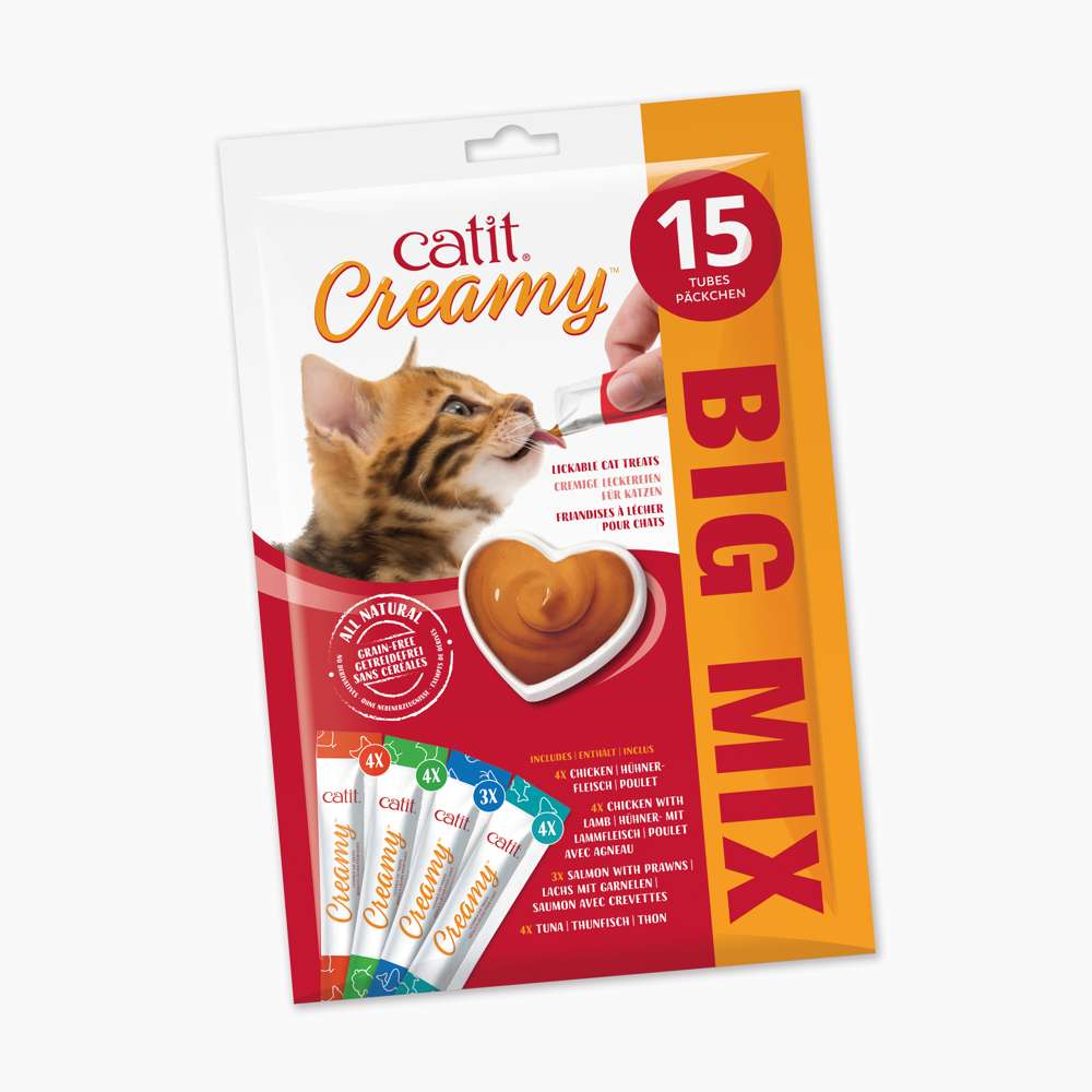 Verpackung der "Catit Creamy – Großpackung, 15er-Pack", Geschmacksrichtung: Big Mix, alle anderen zusammen.