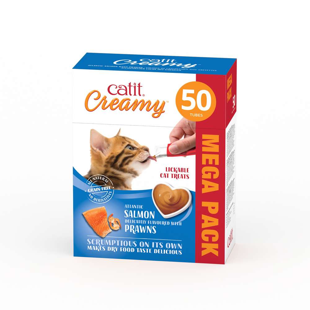 Verpackung vom Catit Creamy 50er-Pack Lachs & Garnelengeschmack.