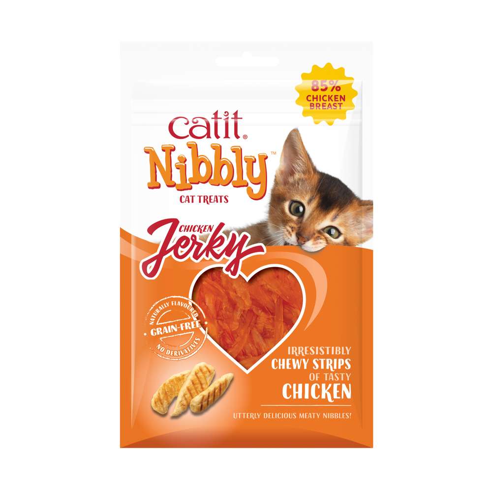 Verpackung von "Catit Nibbly Jerky" der Sorte "Huhn"
