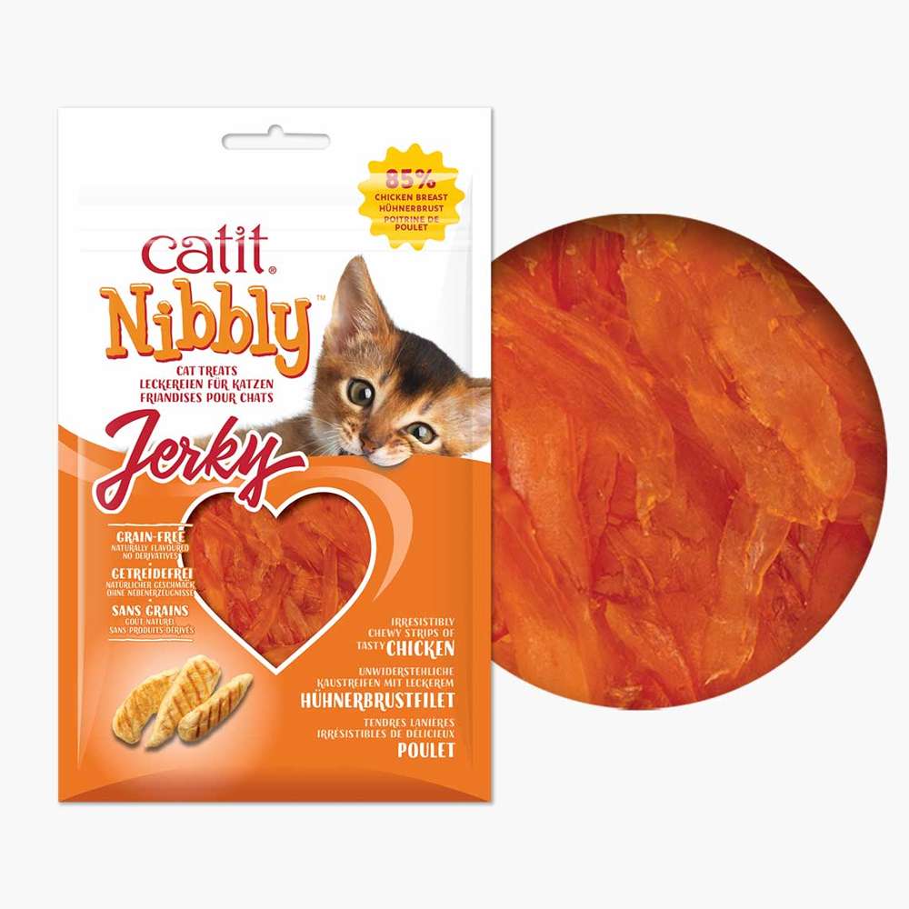 Verpackung von "Catit Nibbly Jerky" der Sorte "Huhn"