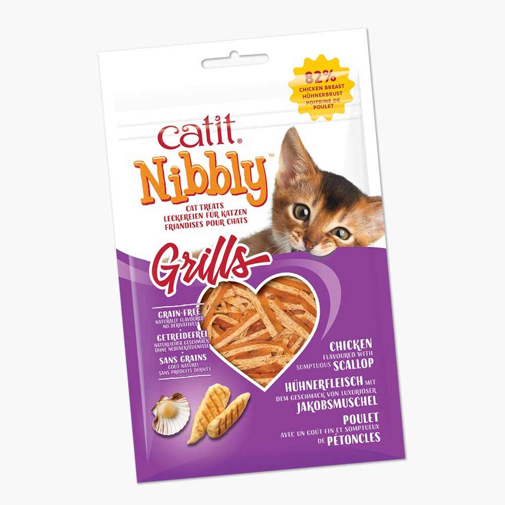 Verpackung der Sorte "Catit Nibbly Grills": Huhn mit dem Geschmack der Jakobsmuschel.
