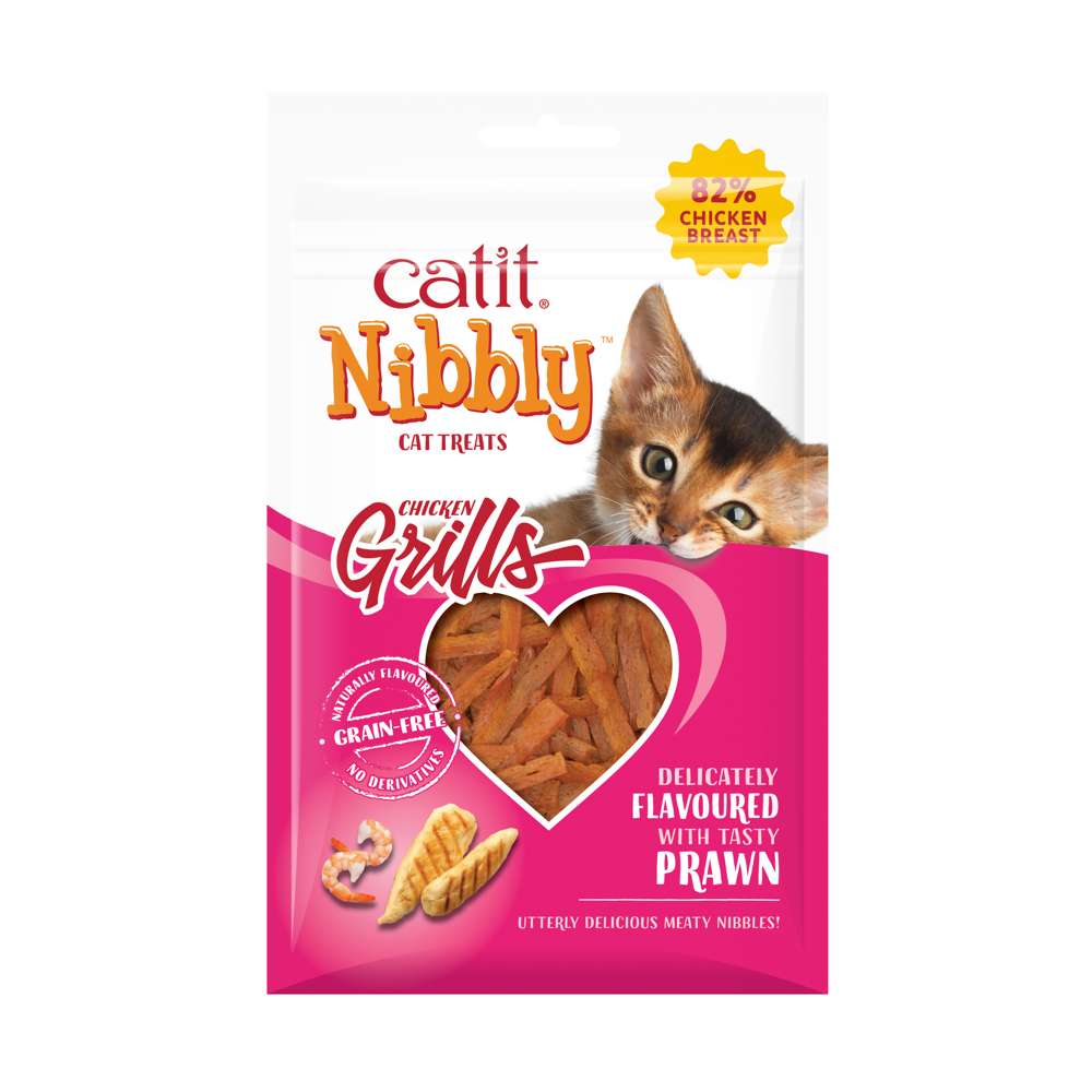Verpackung der Sorte "Catit Nibbly Grills": Huhn mit dem Geschmack von Garnele.