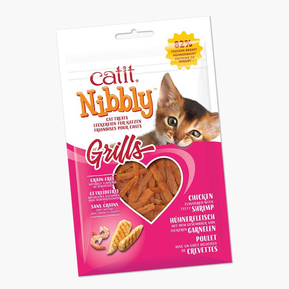 Verpackung der Sorte "Catit Nibbly Grills": Huhn mit dem Geschmack von Garnelen.