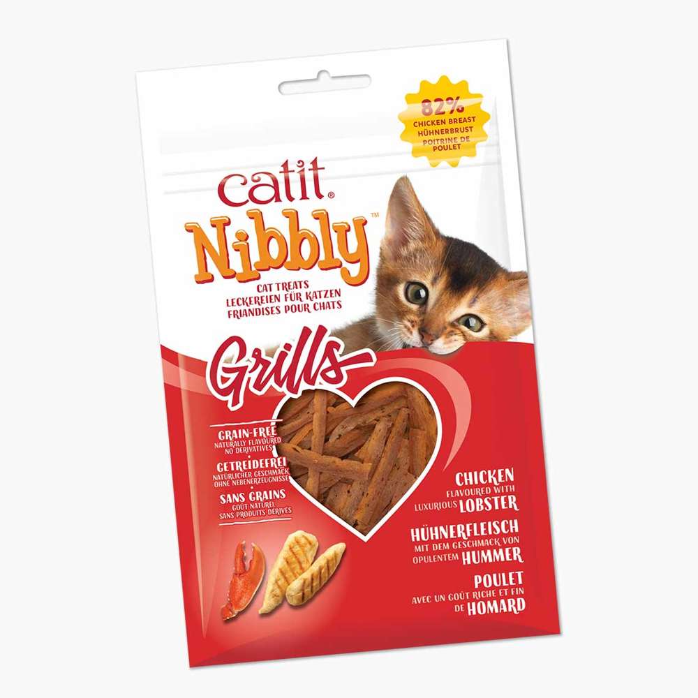 Verpackung der Sorte "Catit Nibbly Grills": Huhn mit dem Geschmack von Hummer.