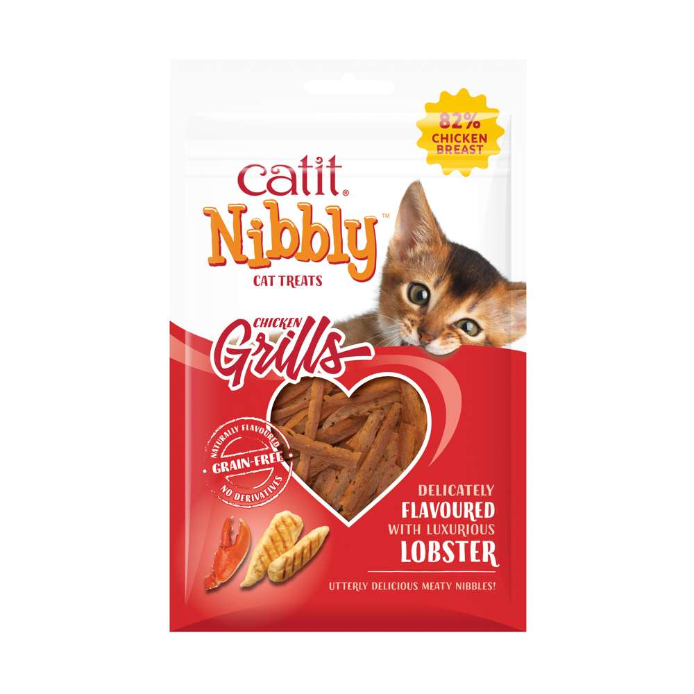 Verpackung der Sorte "Catit Nibbly Grills": Huhn mit dem Geschmack von Hummer.
