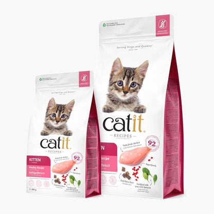 Beide Verpackungen des Trockenfutters für Katzen "Catit Recipes – KITTEN / Geflügelfleisch" stehen nebeneinander.