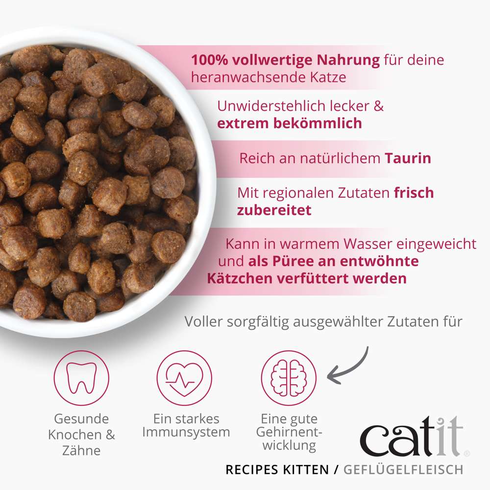 100 % vollwertige Nahrung für deine heranwachsende Katze. Unwiderstehlich lecker und extrem bekömmlich. Reich an natürlichem Taurin. Mit regionalen Zutaten frisch zubereitet. Kann in warmem Wasser eingeweicht und als Püree an entwöhnte Kätzchen verfüttert werden. Voller sorgfältig ausgewählter Zutaten für gesunde Knochen & Zähne, ein starkes Immunsystem und eine gute Gehirnentwicklung.