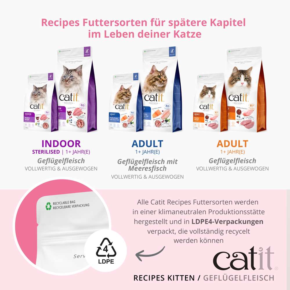 Alle Catit Recipes Produkte werden in einer klimaneutralen Produktionsstätte hergestellt und in LDPE4-Verpackungen verpackt, die vollständig recycelt werden können.