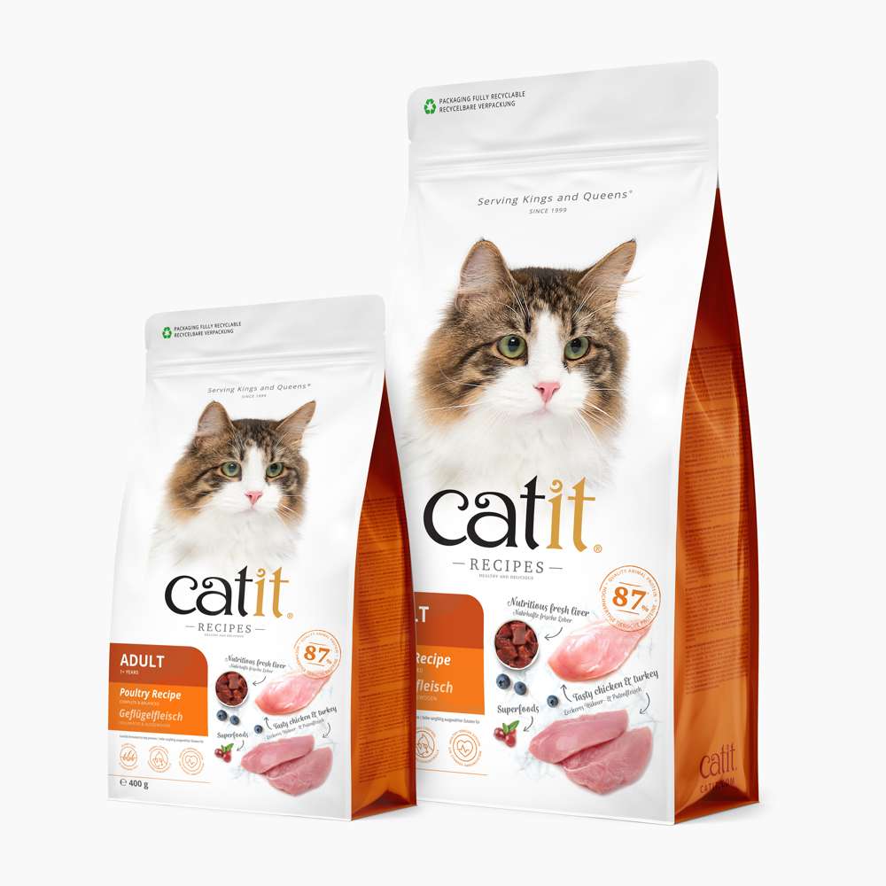 Beide Verpackungen des Trockenfutters für Katzen "Catit Recipes – ADULT" stehen nebeneinander.