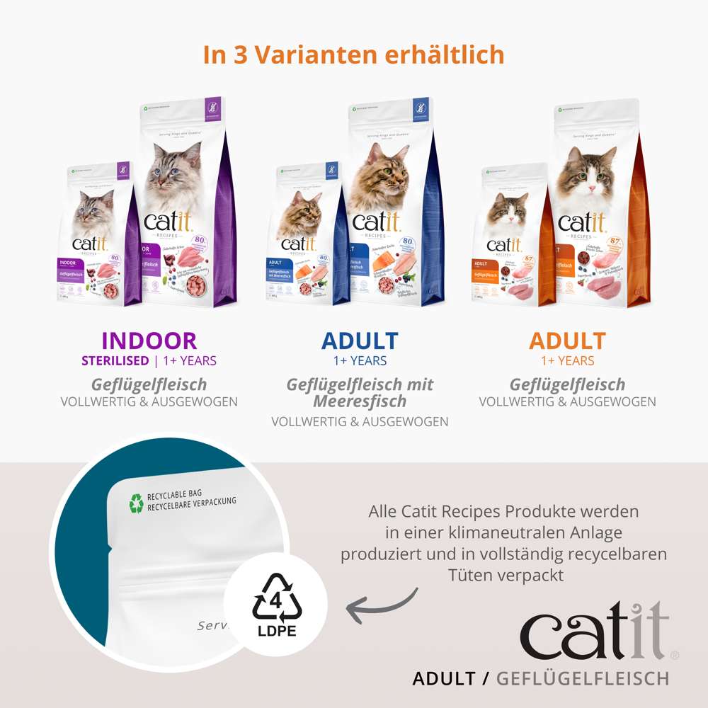 Alle Catit Recipes Produkte werden in einer klimaneutralen Anlage produziert und in vollständig recycelbaren Tüten verpackt.