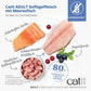 Anteil am Gesamtproteingehalt 80 % hochwertige tierische Proteine. Getreidefreie Rezeptur, aber hergestellt in einem Betrieb, der Getreide verwendet. Nahrhafter Lachs. Schmackhafter Weißfisch.
