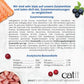 Zusammensetzung und analytische Bestandteile. Mit 100 % echten Kiwi-Stücken, Heidelbeeren, Ananas-Stücken und Mango-Stücken.