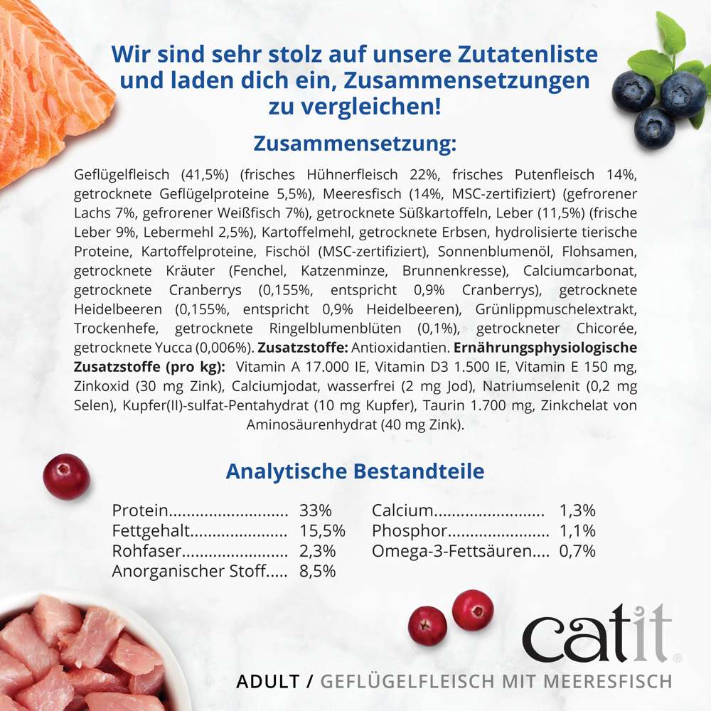 Zusammensetzung und analytische Bestandteile. Mit 100 % echten Kiwi-Stücken, Heidelbeeren, Ananas-Stücken und Mango-Stücken.