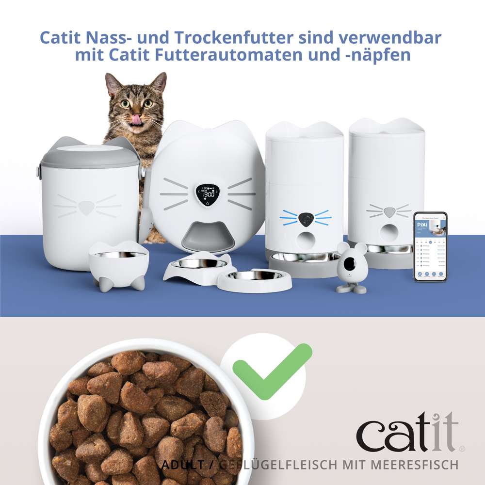 Catit Nass- und Trockenfutter sind verwendbar mit Catit Futterautomaten und -näpfen.