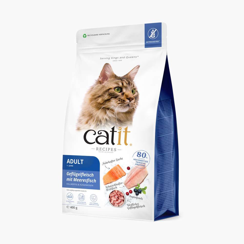 Verpackung des Trockenfutters für Katzen "Catit Recipes – ADULT Geflügelfleisch mit Meeresfisch", 400 g.