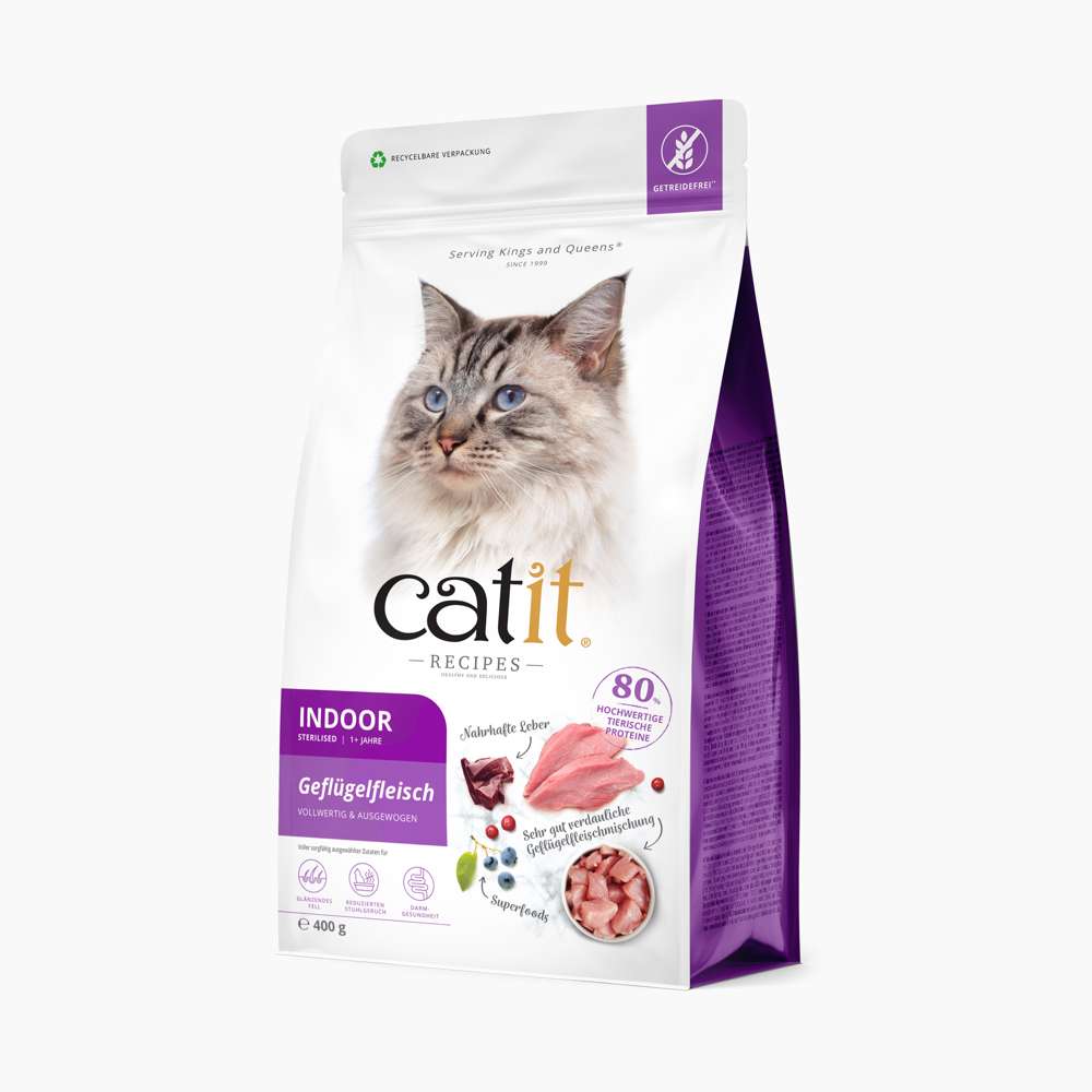 Verpackung des Trockenfutters für Katzen "Catit Recipes – INDOOR Geflügelfleisch", 400 g