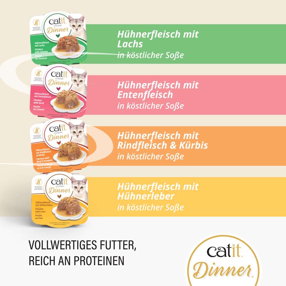 Vollwertiges Futter, reich an Proteinen in Catit Cuisine Dinner Chicken, vier Beutel mit Huhn Varianten.