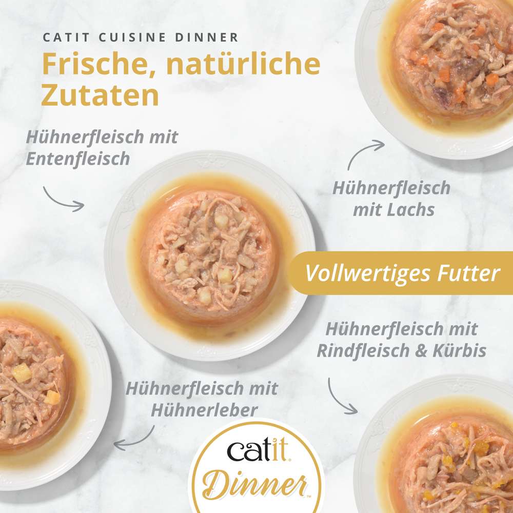 Frische, natürliche Zutaten in Catit Cuisine Dinner Chicken, vier Schalen mit Huhn Varianten.