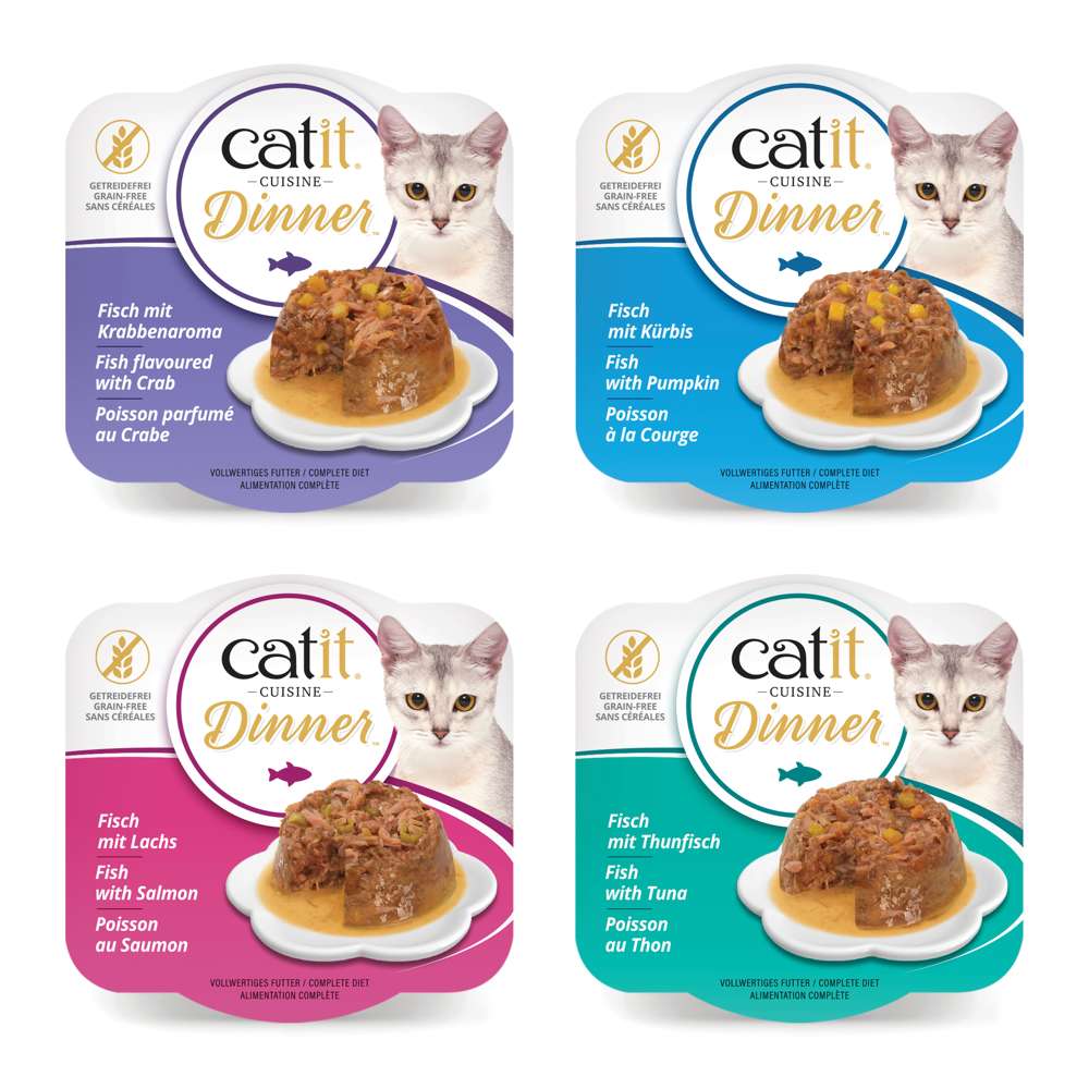 Vier Catit Cuisine Dinner Verpackungen mit Fisch-Varianten: mit Thunfisch, Lachs, Kürbis, Krabbenaroma, Katzen und Futter.