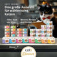Eine große Auswahl für wählerische Katzen mit Catit Cuisine Fillet, Duet, Bites, Mousse, Pastete und Eintopf, Katze mit Brille und Klemmbrett.