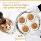 Catit Cuisine Dinner Serviere deiner Katze das perfekte Menü, Katze schaut auf Tablett mit vier Futterportionen.