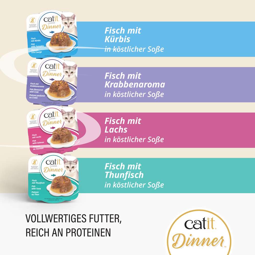 Vollwertiges Futter, reich an Proteinen in Catit Cuisine Dinner Fish, vier Beutel mit Fisch-Varianten.