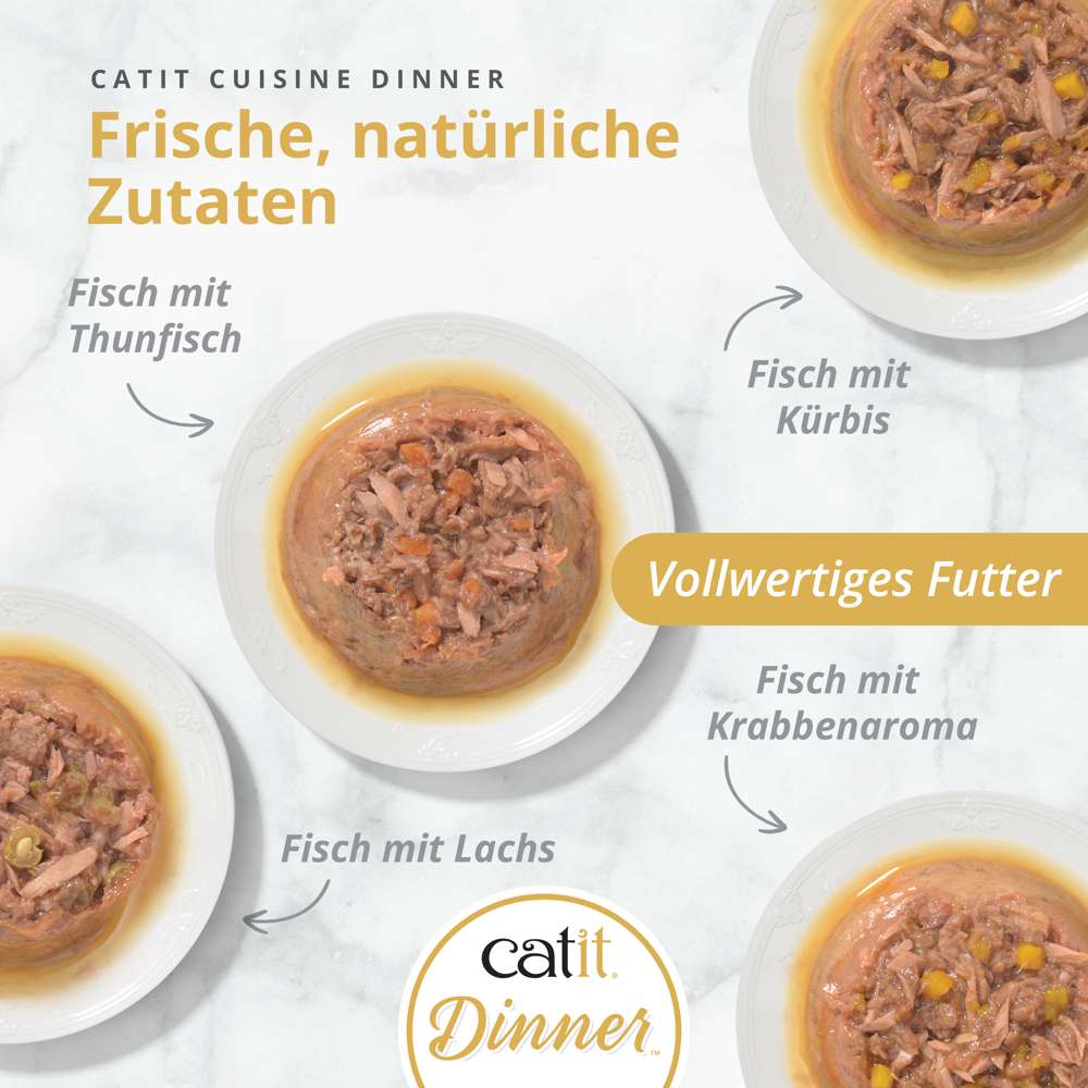 Frische, natürliche Zutaten in Catit Cuisine Dinner Fish, vier Schalen mit Fisch Varianten.