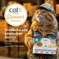 Entdecke alle köstlichen Sorten mit dem Catit Dinner Fish Selection 12er-Pack Katzenfutter, Katze mit Cap hält Verpackung.