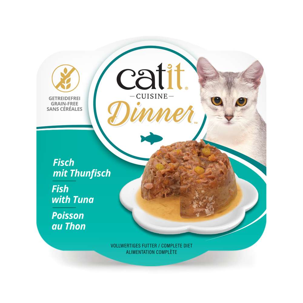 Verpackung von "Catit Cuisine Dinner" der Geschmacksrichtung: Fisch mit Thunfisch.