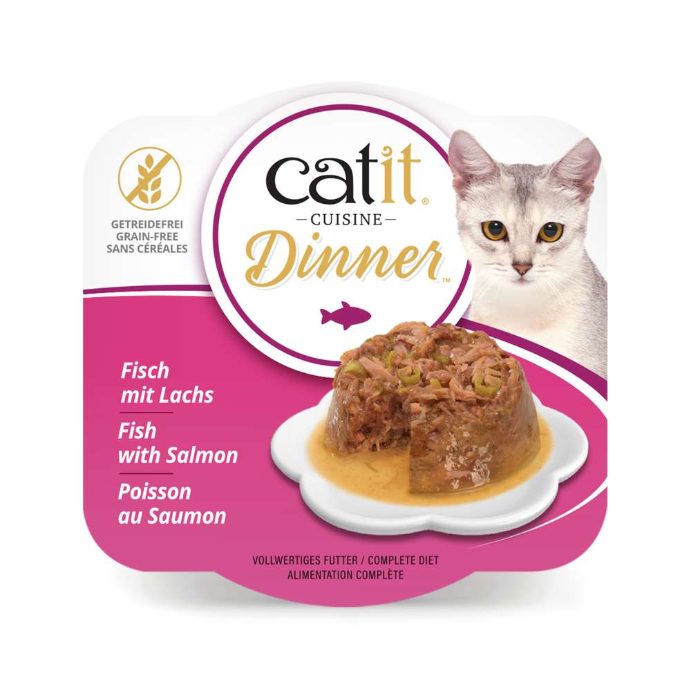 Verpackung von "Catit Cuisine Dinner" der Geschmacksrichtung: Fisch mit Lachs.