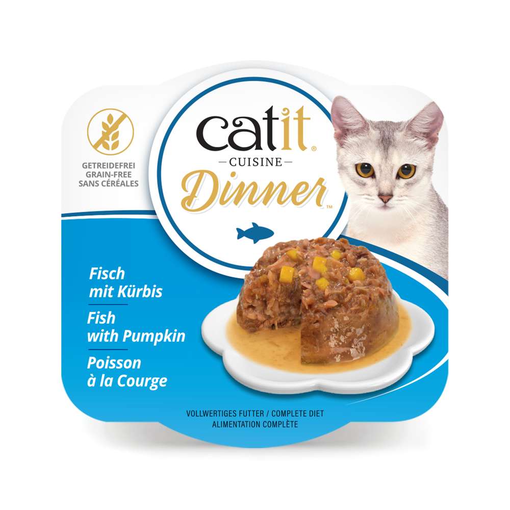 Verpackung von "Catit Cuisine Dinner" der Geschmacksrichtung: Fisch mit Kürbis.