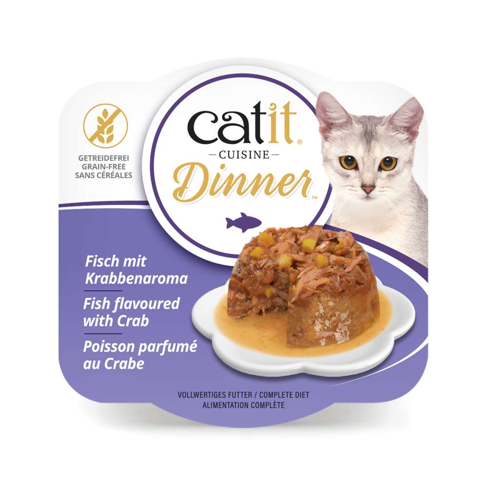 Verpackung von "Catit Cuisine Dinner" der Geschmacksrichtung: Fisch mit Krabbenaroma.