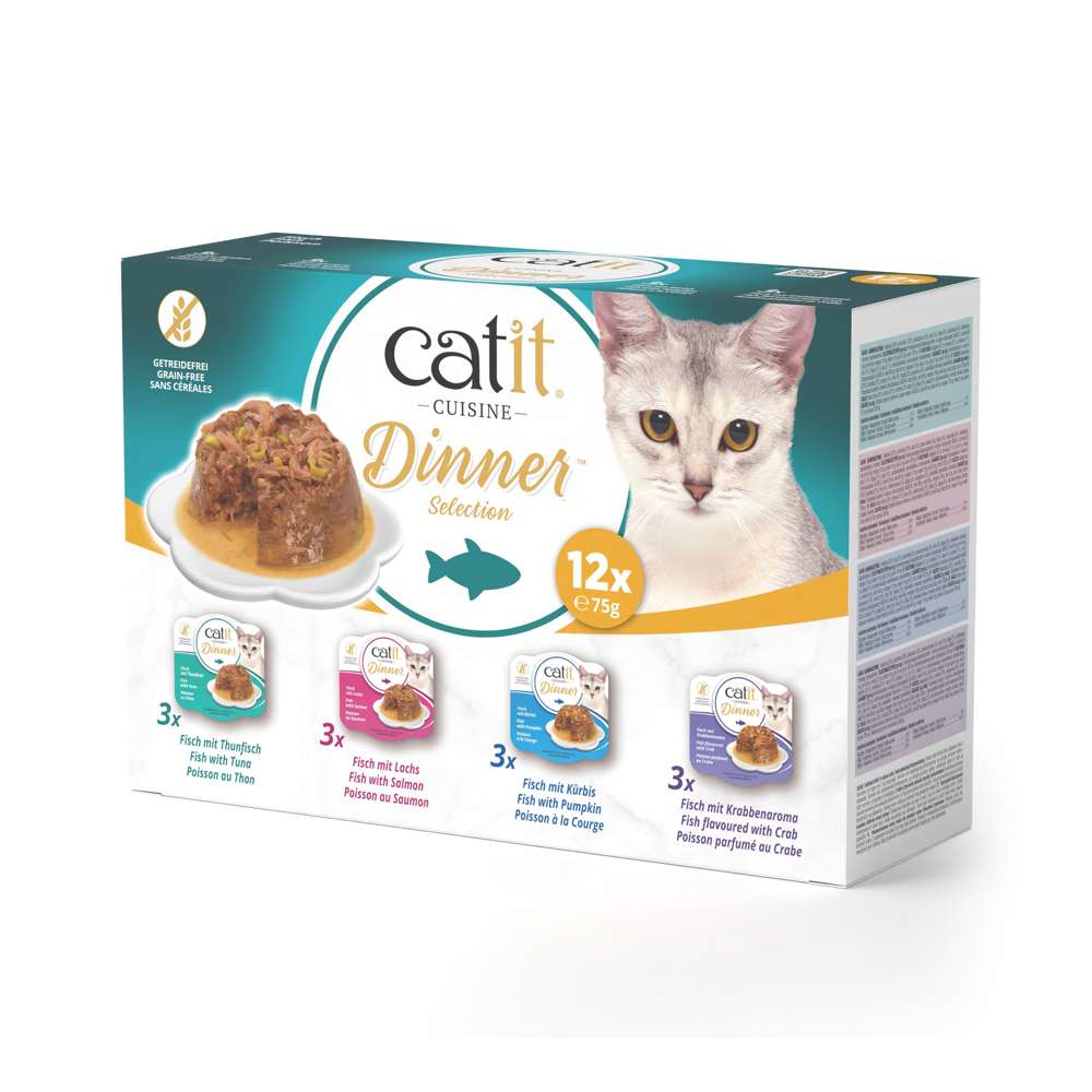 Verpackung vom "Catit Cuisine Dinner, Multipack, 12er-Pack" Fisch
