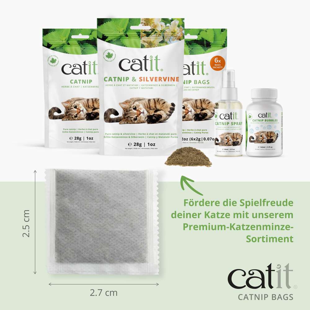 Verschiedene Catit Katzenminze-Verpackungen  und Text 'Fördere die Spielfreude deiner Katze mit unserem Premium-Katzenminze-Sortiment'.