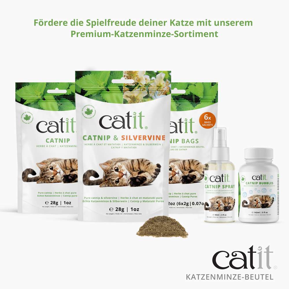 Verschiedene Catit Katzenminze-Verpackungen mit Katzenbild, darunter Catnip & Silvervine, Catnip Spray und Catnip Bubbles.