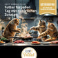 Drei Katzen in einer Küche, eine rührt mit einem Kochlöffel in einer Pfanne, Text 'Catit Cuisine Fillet Futter für jeden Tag mit natürlichen Zutaten', Banner 'Getreidefrei mit Taurin und essentiellen Vitaminen'.