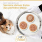 Nahaufnahme einer dreifachen Katzennassfutterportion auf silbernem Tablett, serviert von Händen mit weißen Handschuhen, neben einer mehrfarbigen Katze. Text: 'CATIT CUISINE FILLET Serviere deiner Katze das perfekte Menü'.